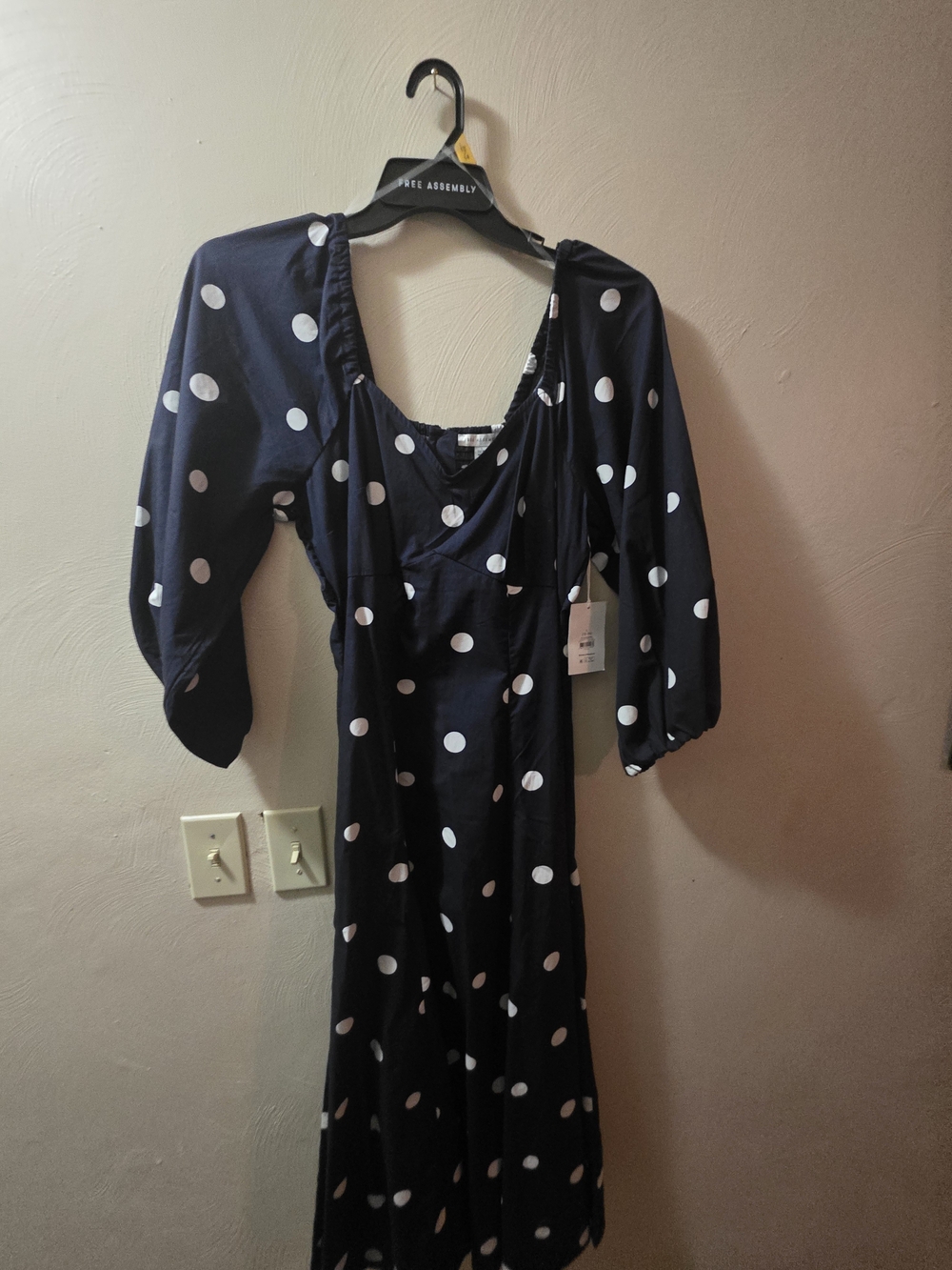 Polka Dot Navy Midi Dress with Puff Sleeves by Free Assembly